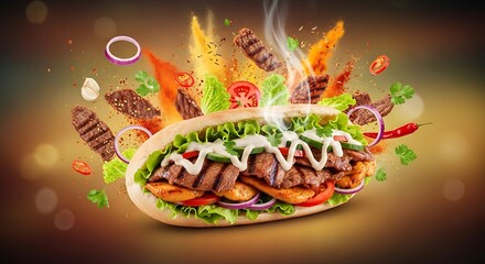 Deliciously loaded shawarma sandwich with fresh ingredients exploding outward