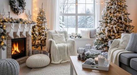 Charming winter holiday living space adorned with glowing Christmas trees, a roaring fireplace, and soft blankets, evoking a sense of warmth and festive joy