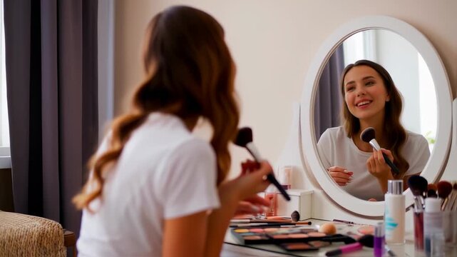 A woman applying makeup in front of a mirror, using a brush, with a vanity table full of cosmetics