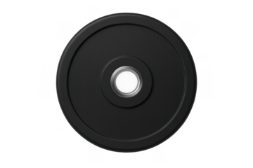 Black barbell weight plate for strength training and gym fitness workouts, isolated on transparent background