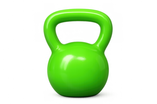 Green kettlebell isolated on a transparent background. Equipment for strength training, fitness, and home workouts