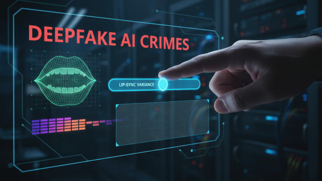Deepfake ai crimes concept with hand interacting on futuristic digital interface focusing on lip sync variance for security and detection