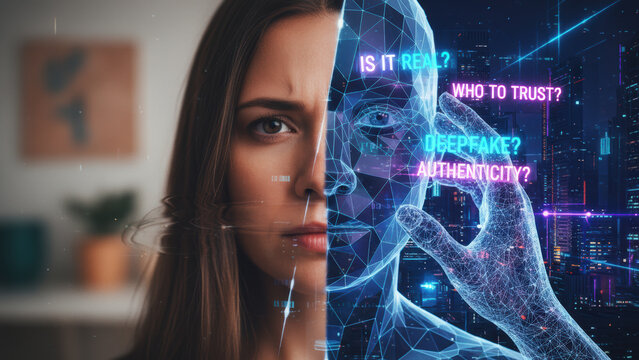Deepfake ai crimes concept with human face and digital wireframe questioning authenticity and trust in technology