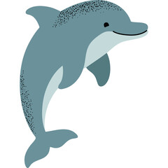 A blue grey dolphin jumps with a happy expression on its face against a white background