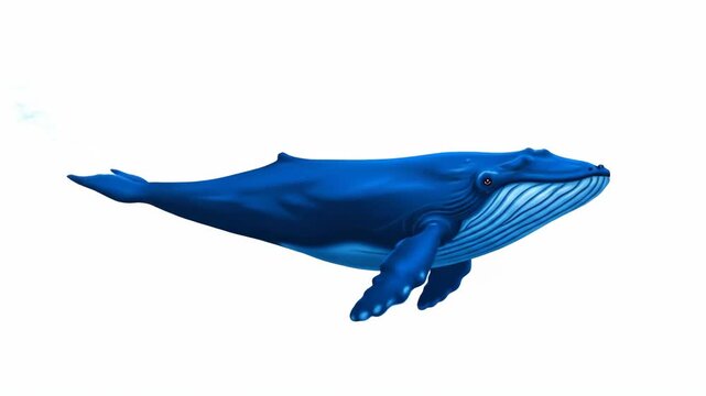 Majestic Blue Whale Swimming Gracefully on a White Background Animation.