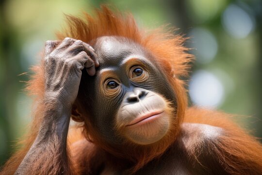 Orangutan looking confused wildlife monkey animal.
