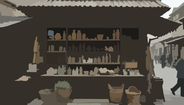 Vector Art of a Traditional Marketplace Shopfront with Shelves Displaying Rustic Bottles and Goods in a Stylized Old Town Setting (149 characters)