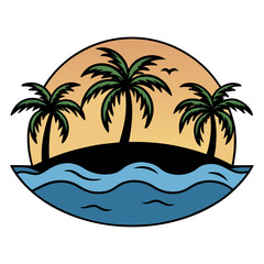 Tropical island paradise sunset with palm trees and ocean waves