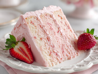 Photoshoot of slice of delicious strawberry cake with colorful icing and fresh strawberry. Strawberry cake for event or party