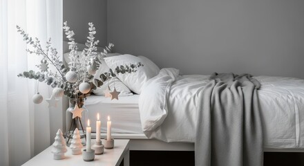 Serene Christmas Bedroom Decor A Cozy Winter Scene with Candles, Ornaments, and Bedding
