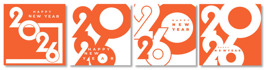  Set of 2026 Happy New Year square greeting cards, posters, holiday covers, backgrounds. Design templates with typography in modern minimalistic style for web, social media and print 
