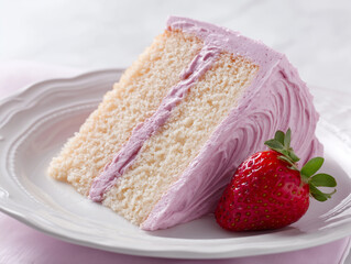 Photoshoot of slice of delicious strawberry cake with colorful icing and fresh strawberry. Strawberry cake for event or party