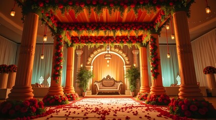 Beautifully decorated indian wedding mandap with floral arrangements and lighting