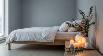 Serene minimalist bedroom with comfortable white bed, soft natural light, and warm glowing candles, creating a peaceful modern sanctuary