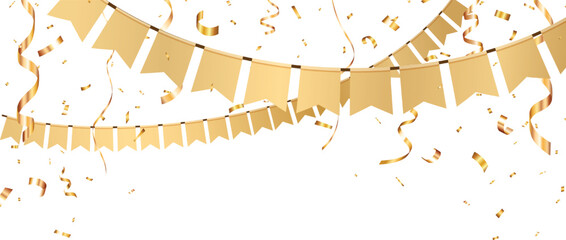 Gold bunting flags, with confetti, birthday banner and backgrounds