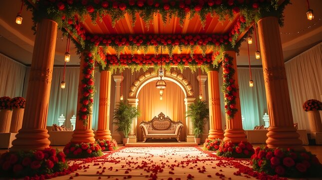 Beautifully decorated indian wedding mandap with floral arrangements and lighting