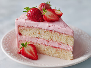 Photoshoot of slice of delicious strawberry cake with colorful icing and fresh strawberry. Strawberry cake for event or party