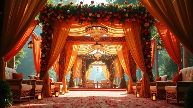 Luxurious indian wedding mandap entrance with drapes and flowers