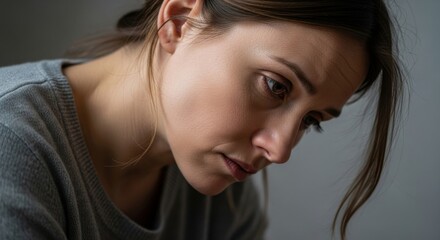 Young woman looking down thoughtfully in a soft indoor setting