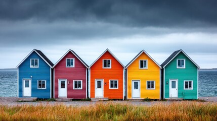 Obraz premium Colorful row of houses along the coast under a cloudy sky