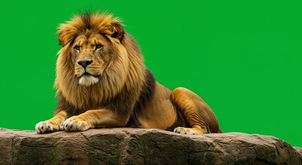 Majestic Lion Resting Isolated on Green Screen Background Portrait