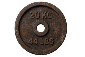 Rusted cast iron weight plate, 20 kg and 44 lbs, for strength training and gym fitness on transparent background
