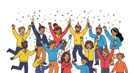 Celebration Crowd Diverse Group Rejoices with Confetti and Champagne Cheers, Joyful Party Moments