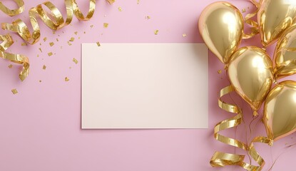 Blank invitation card amidst gold balloons and streamers on a pink background