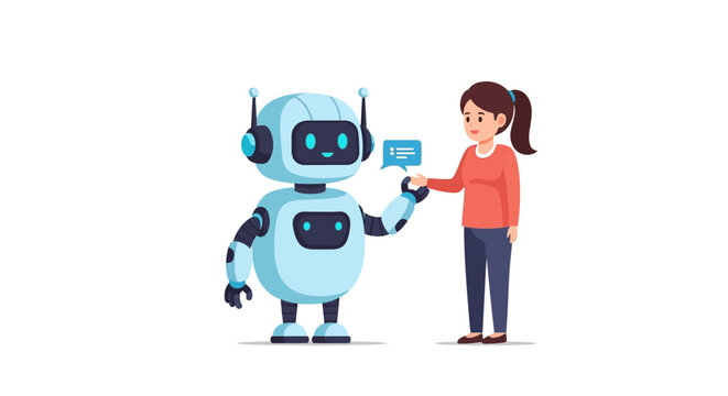 Robot assistant interacting with a human woman, discussing information and solutions with technology - Powered by Adobe