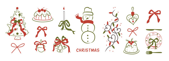 Whimsical Christmas doodle line art festive and holiday icon. Green and red elements illustrations for sale, promotion, branding, labels, posters, cards, invitation, greeting card, social media.