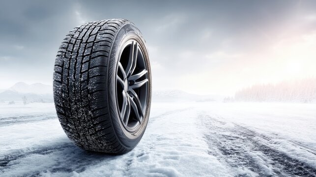 Black Tire Stands Upright on a Snowy Surface in a Minimal Studio Light Setting During Winter Time