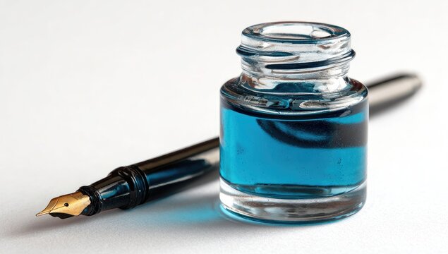 A fountain pen and ink bottle.  Blue ink fills a small glass bottle.  A black fountain pen rests beside it