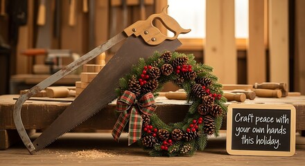 A festive Christmas wreath sits beside classic woodworking Christmas tools on a rustic workbench, symbolizing the joy of handmade holiday creations and seasonal craftsmanship