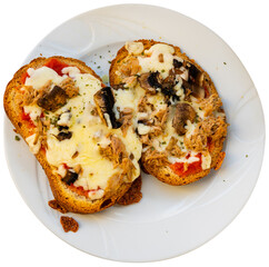 Delicious sandwich with tuna and mushrooms under sauce. Isolated over white background