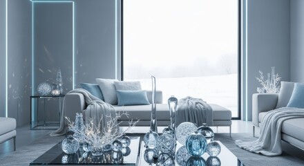 Serene Winter Living Room Minimalist Design with Soft Blue Accents