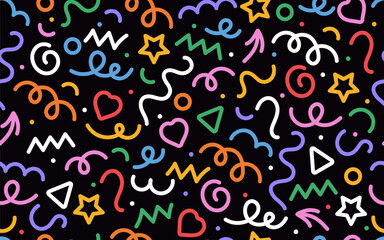 Fun colorful line seamless pattern. Kid pattern with confetti texture and scribble. Cute children seamless pattern with colorful squiggles, spirals, and curves.