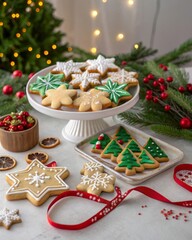 Fototapeta premium Create a festive christmas dessert table featuring assorted cookies shaped like stars snowflakes and trees surrounded by beautiful garlands and ornaments