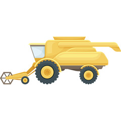 Yellow agricultural combine harvester machine detailed illustration isolated on transparent white background with large wheels and harvesting header side view