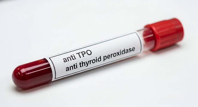 Blood sample tube labeled Anti TPO used for thyroid peroxidase antibody testing in clinical diagnostics. Close up white background.