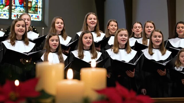 Youth girls choir singing hymns in church during Christmas ceremony with advent candles and poinsettia decorations.