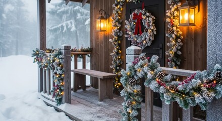 Christmas Decorated Porch of a Cabin in the Snow