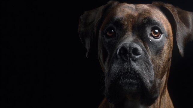 Serious Boxer Dog Showcasing Strong Character Against a Dark Cinematic Background With Intense Gaze - Powered by Adobe