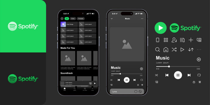 Spotify music app mockup template. Realistic smartphone screen displaying the Spotify interface