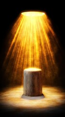 Stone Podium Illuminated by Golden Light Rays Against Dark Background Perfect for Product Presentation and Showcase