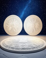 Two White Ornate Circles on Starry Night Background with Detailed Geometric Pattern and Cosmic Theme Creating a Mystical Three Dimensional Render