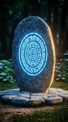 Mystical Stone Portal with Glowing Blue Runes in a Lush Green Forest with Abundant Moss and Foliage on a Partly Cloudy Day