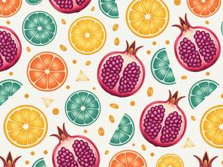 A vibrant, repeating pattern design of tropical fruits and citrus slices on a white background.
