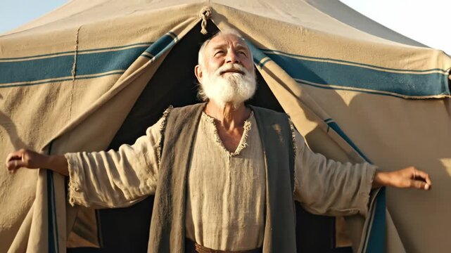 Old testament man emerging from his tent, looking to the sky, symbolizing ancient biblical life and nomadic eastern people.