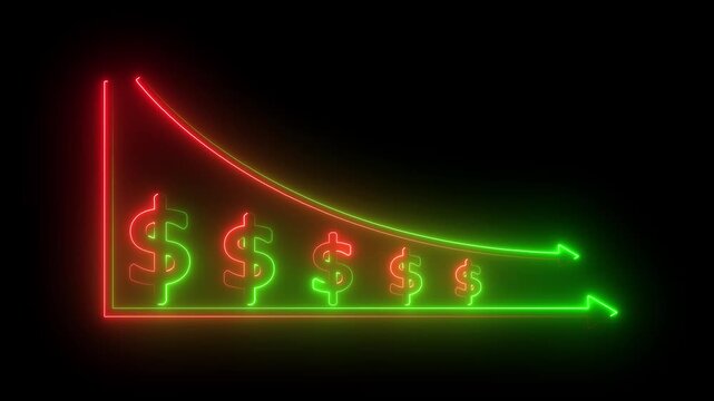 Abstract neon line dollar business graph animation. Money loss. Cash with down arrow stocks graph, concept of financial crisis, market fall. Declining profits financial graph animation with down arrow