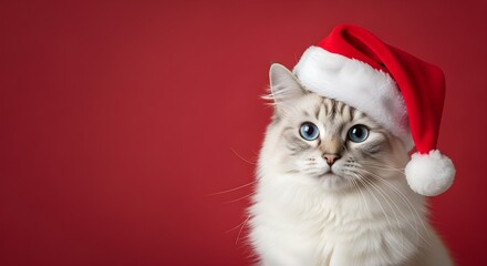 Cute White Cat in Santa Hat on Red Background